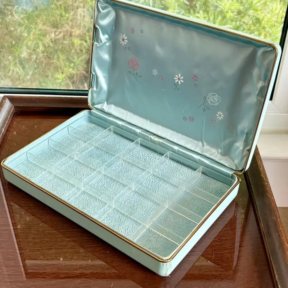 Vintage Farrington Texol Blue Floral Jewelry Box, Hard Case Organizer